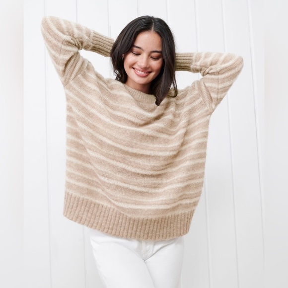 NEW Jenni Kayne Cocoon Crew Neck Sweater in Sand  Stripe Beige | size XL - Picture 3 of 10
